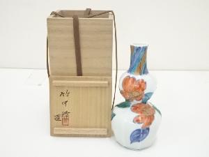 京焼 竹中浩造　色絵椿文瓢形瓶（共箱）